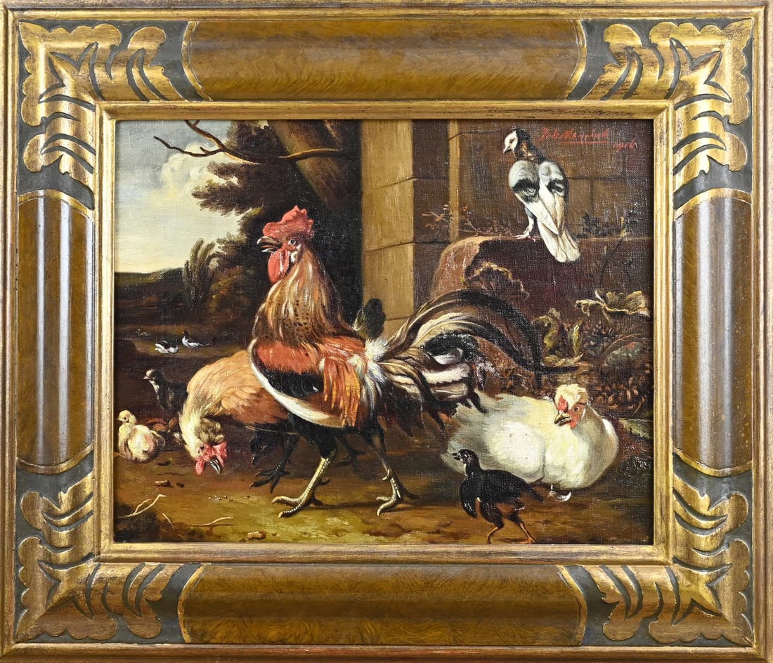 JH Mensink, Poultry (after Hondecoeter): JH Mensink, 1876 - 1952 (Denekamp). Painting with various poultry, after Hondecoeter. Oil on canvas. Dimensions: H 36 x W 46 cm. In good condition.