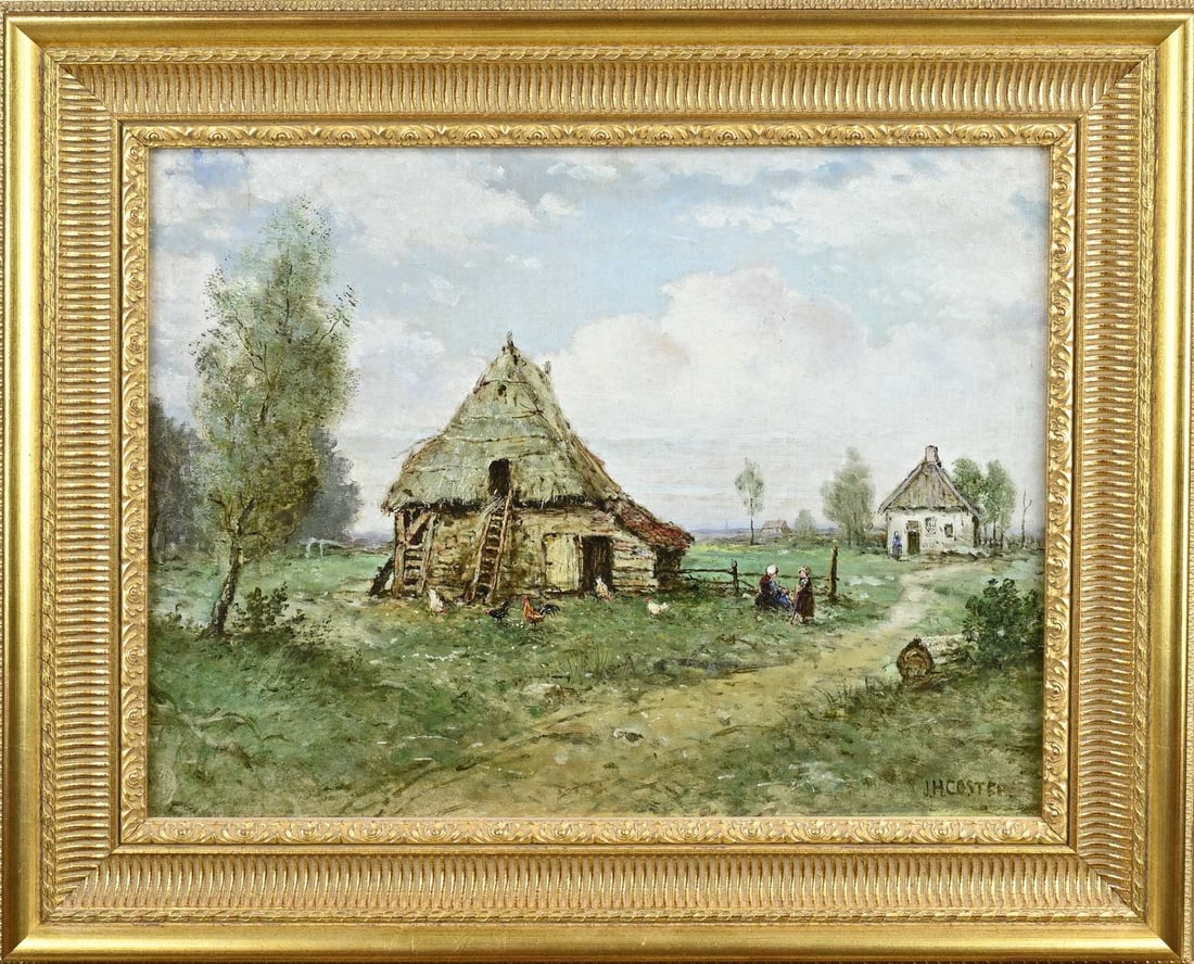 JH Coster, Farm with figures and chickens: JH Coster. 1846 - 1920. Farm with figures and chickens. Oil on canvas. Dimensions: H 40 x W 52 cm. In good condition.
