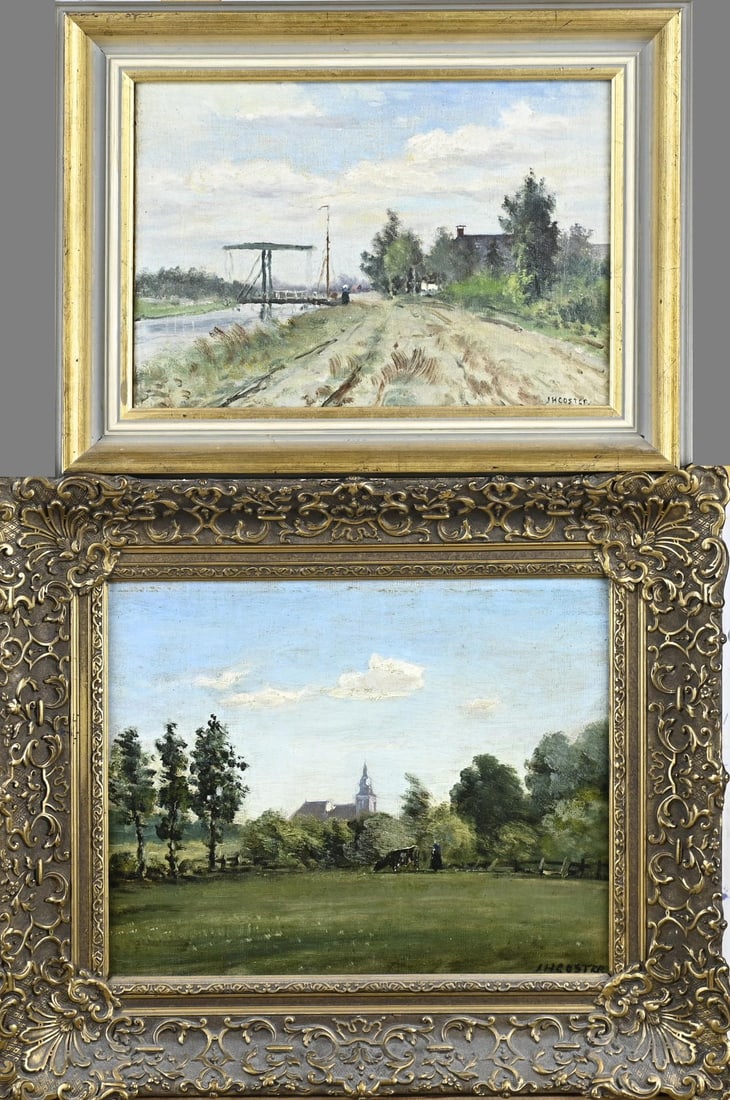 2x JH Coster, 2x Landscape: Two works by JH Coster. 1846 - 1920 (Almelo). 1x Landscape with farmer and cow. 1x Landscape with farmer and drawbridge. Oil on canvas. Dimensions: H 29 x W 35 cm. / H 25 x W 32 cm. In good condition.