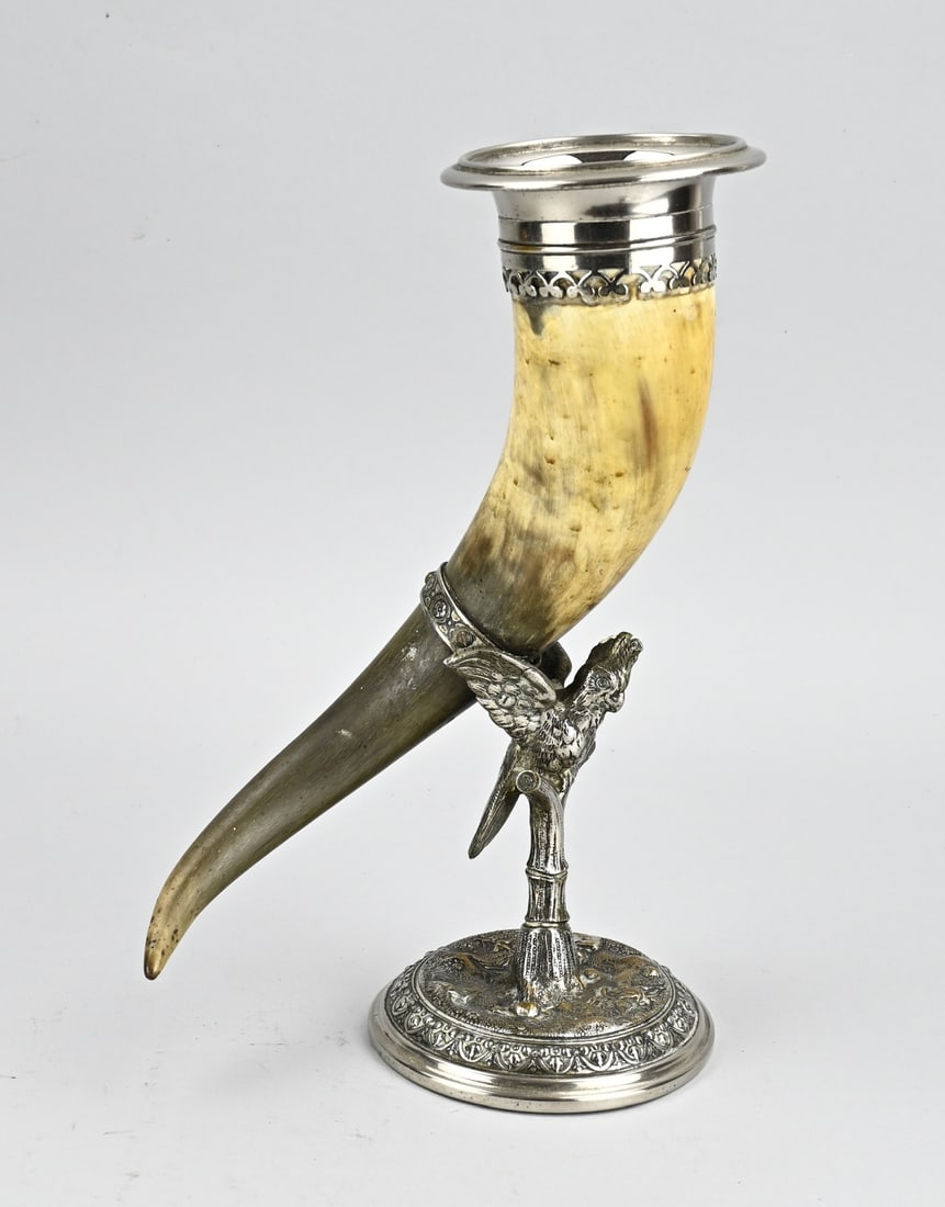 Cornucopia, 1890: Antique plated Horn of Plenty, with cockatoo. Circa 1890. Size: H 29 cm. In good condition.