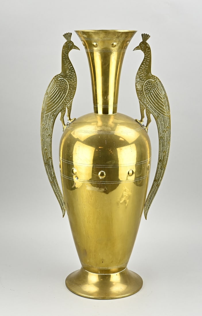 Brass art nouveau vase, H 66 cm.: Antique art nouveau vase of brass, with peacock decoration. Circa 1910. Unmarked. Dimensions: H 66 cm. In good condition.