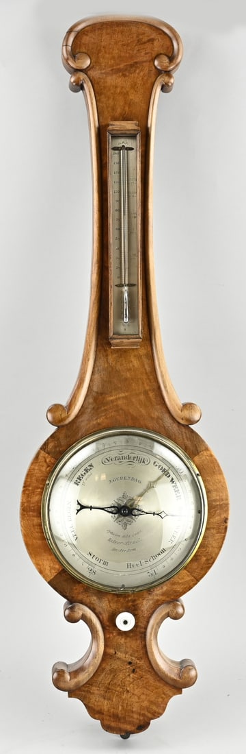 Barometer, L 94 cm.: 19th century Dutch barometer of walnut, by J. Gudendag, Kelverstraat in Amsterdam. Dimensions: L 94 cm. In good condition.