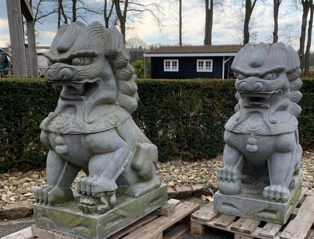 Pair of very large Foo dogs (granite): Two capital Chinese Foo dogs of granite. Weight each approximately 1000 kilos. 20th century. Dimensions: 129 x 80 x 56 cm. In good condition.