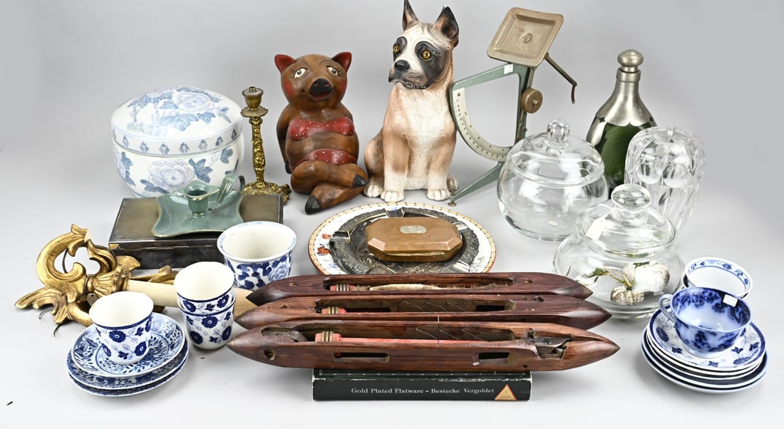 Box of miscellaneous: Interesting lot (box full), with earthenware cup + saucers, Chinese flower pots, plated bowl + lidded box, figurines, glassware etc. In good condition.