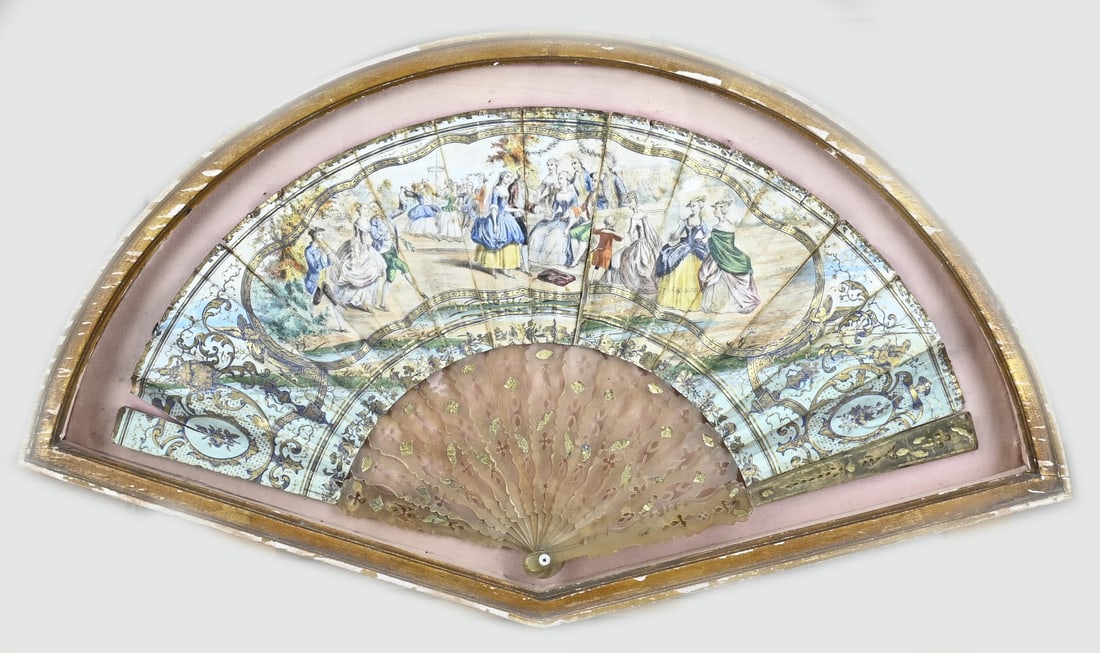 Painted French fan: 18th - 19th Century French fan in holder/display case. Mixed media on paper. Size: 33 x 59 cm. In good condition.