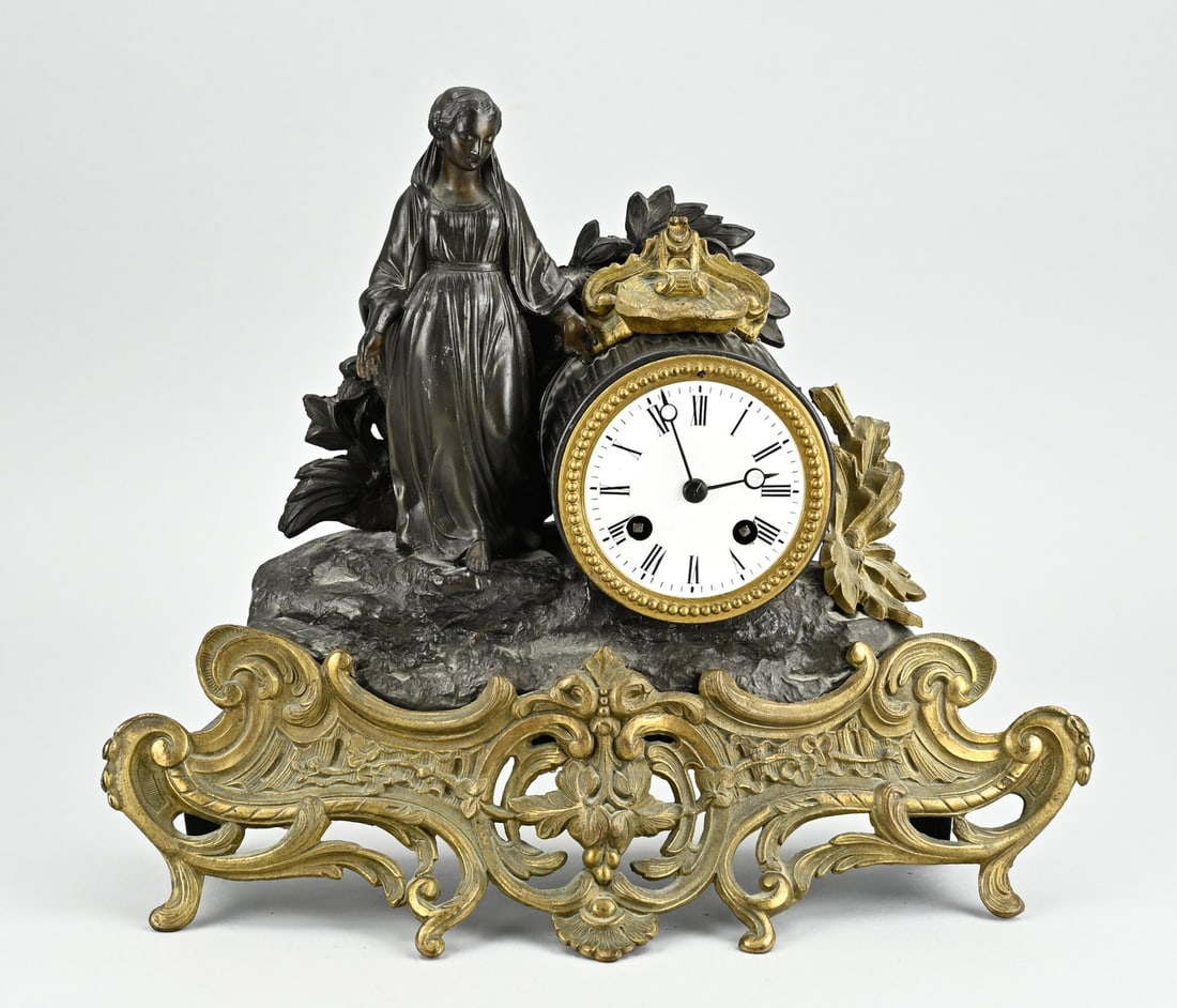 French pendulum clock, 1870: Antique composition metal Louis Philippe mantel clock. France. Circa 1870. Eight-day movement, half-hourly striking, spring pendulum. Size: 31 cm. In good condition.