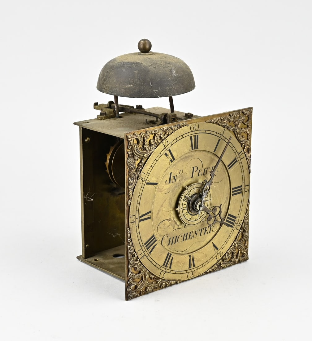 English mini alarm clock wall clock: Early 19th century English mini alarm wall clock Price Chichester (girls clock). No weights, pendulum. Not tested. Dimensions: 20 x 14.5 x 13 cm. In reasonable/good condition.