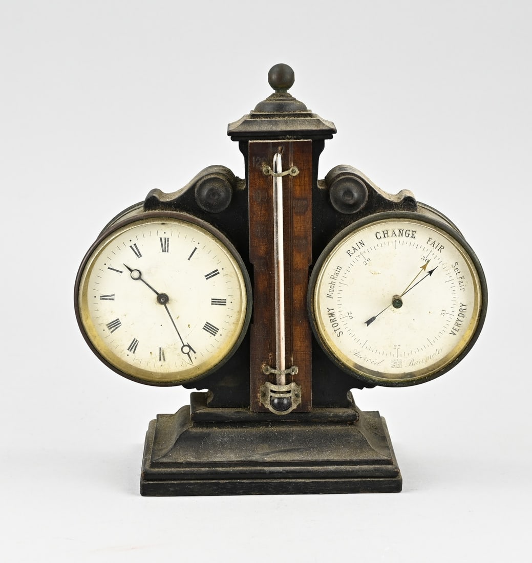 English desk clock with thermometer: 19th Century English mahogany desk clock with extra thermometer + barometer. Dimensions: 21 x 21 x 7 cm. In good condition.