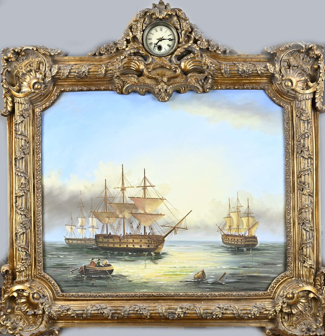 Painting clock: Painting-clock, Viennese style. Mechanical clockwork. Second half 20th century. Oil on linen + gold-coloured wooden frame. Dimensions: 84 x 98 cm. In good condition.