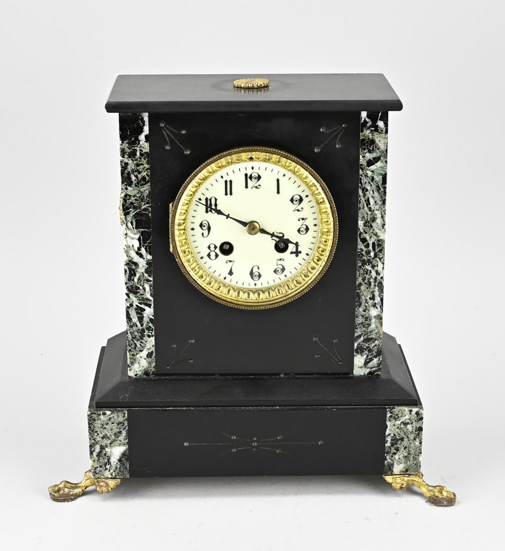 French pendulum clock, 1880: Antique French marble Louis Philippe mantel clock with eight-day movement, half-hourly striking. Circa 1880. Dimensions: 29 x 26 x 14 cm. In good condition.