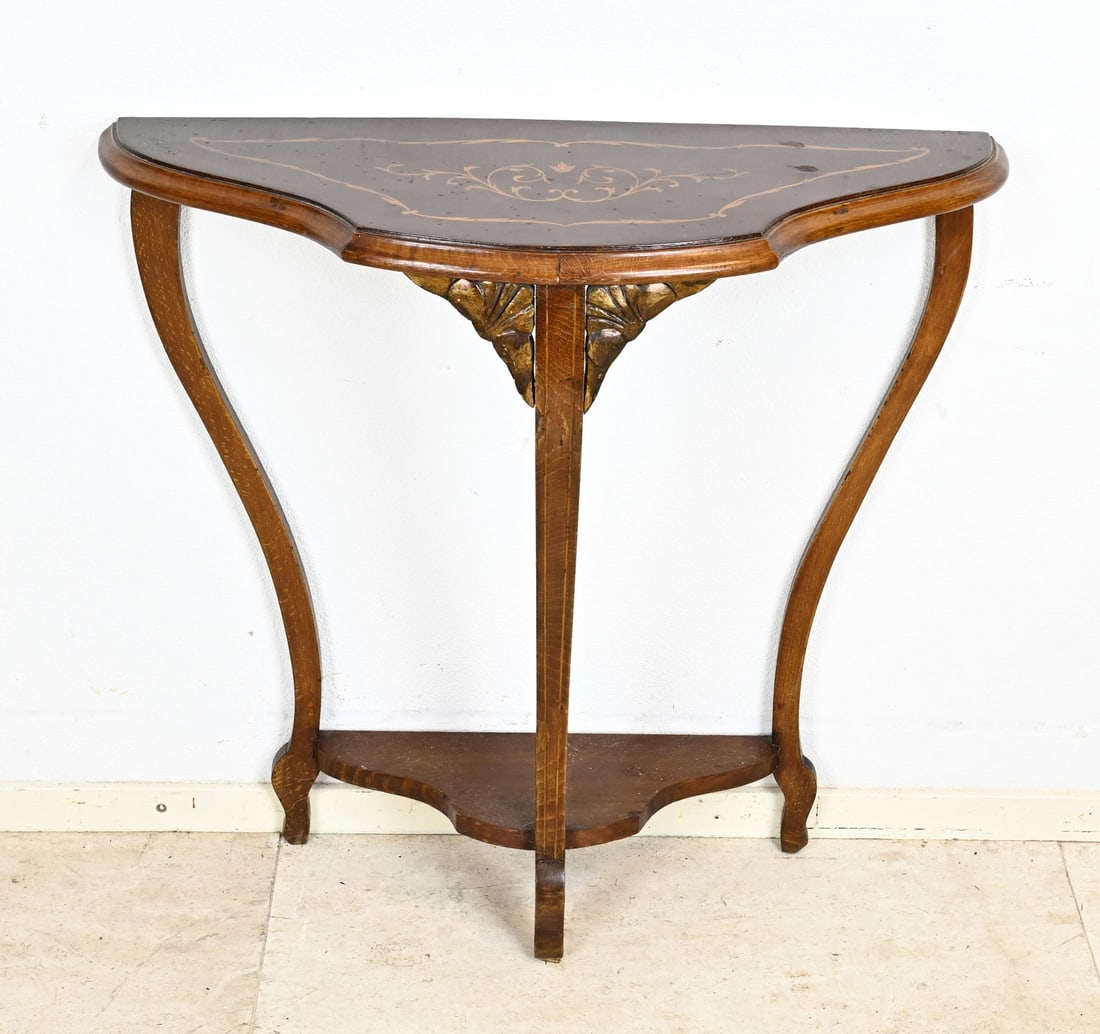Half moon table, 1930: Half moon table with intarsia. Circa 1930. Dimensions: 78 x 80 x 30 cm. In good condition.