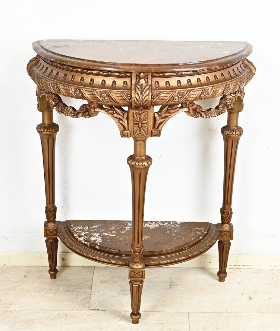 Semi-circular console table with marble: Louis Seize style wall table, gold-coloured with two brown marble tops. 20th century. Dimensions: 90 x 72 x 32 cm. In good condition.
