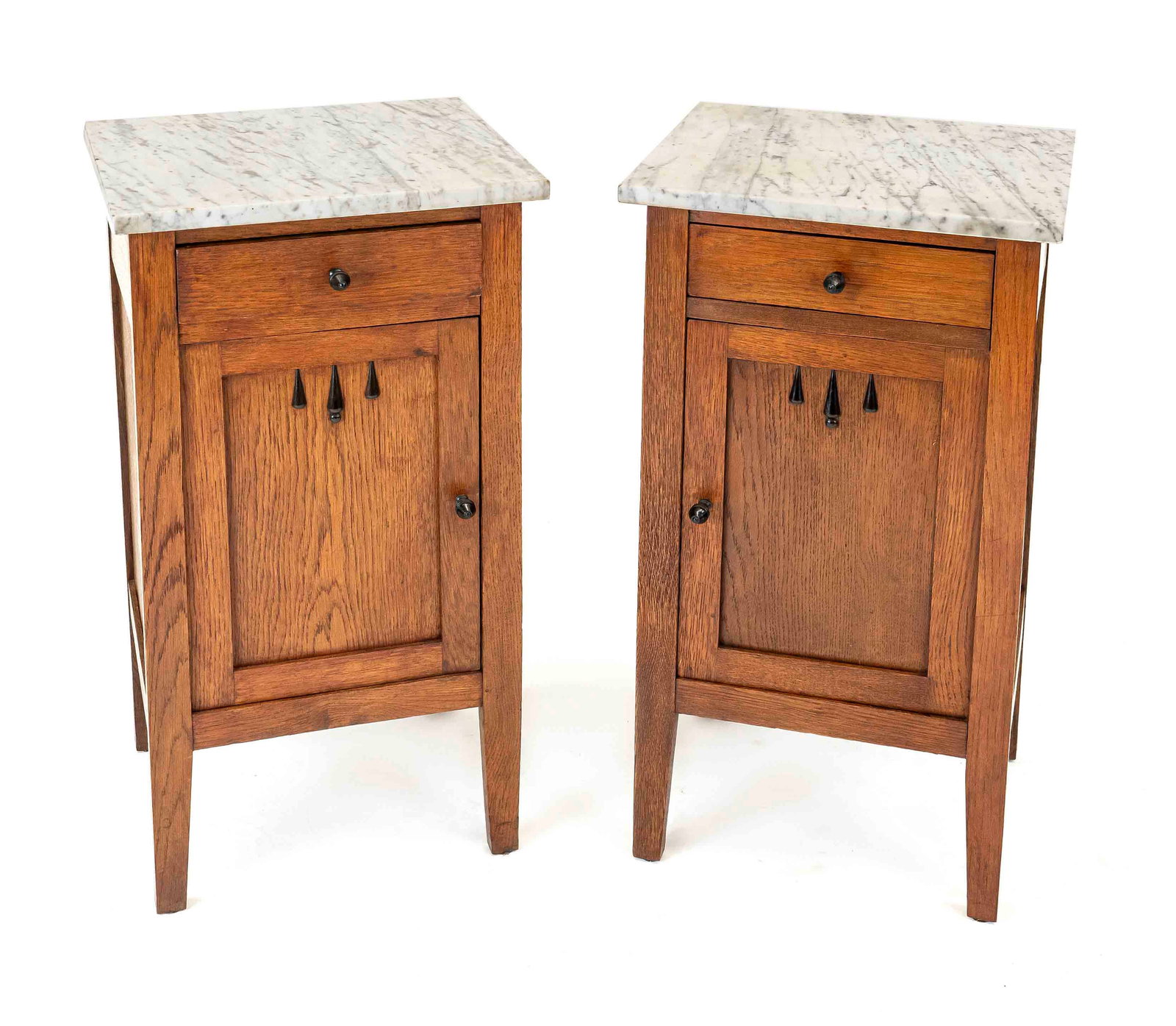 Pair of Art Deco bedside tables, 1920: Two antique Dutch art deco bedside tables made of oak with marble top. Circa 1920. Dimensions: 76 x 35 x 40 cm. In good condition.