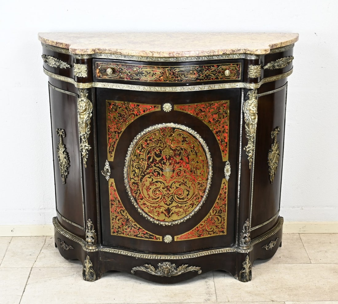 Boulle cabinet: French boulle cabinet with curved front. Cabinet is completely decorated with beautiful bronze. Including female figure, bows and garlands. With original marble top. Circa 1900. Dimensions: 102 x 112