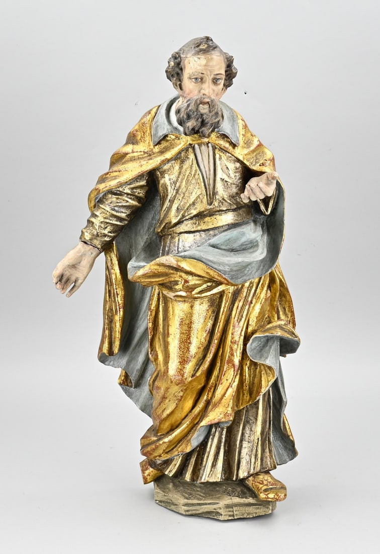Wooden Holy Statue: 18th Century Wood Carved Holy Figure. Baroque. Polychrome. Restored. Dimensions: H 56 cm. In good condition.