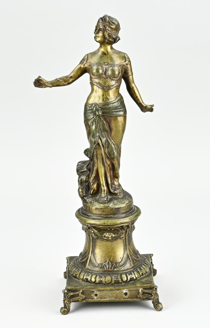 Image, Dancer Mata Hari: Antique French statue of composition metal. Dancer, Mata Hari with serpent around her arm. Circa 1900. Shield is missing. Size: 32 cm. In good condition.