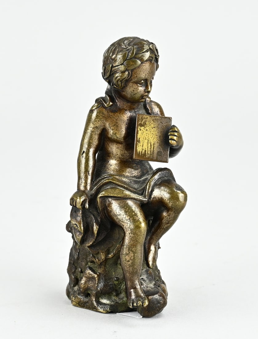 Bronze statue, H 11.5 cm.: 18th - 19th Century bronze statue. Figure with laurel wreath and booklet. Dimensions: H 11.5 cm. In good condition.