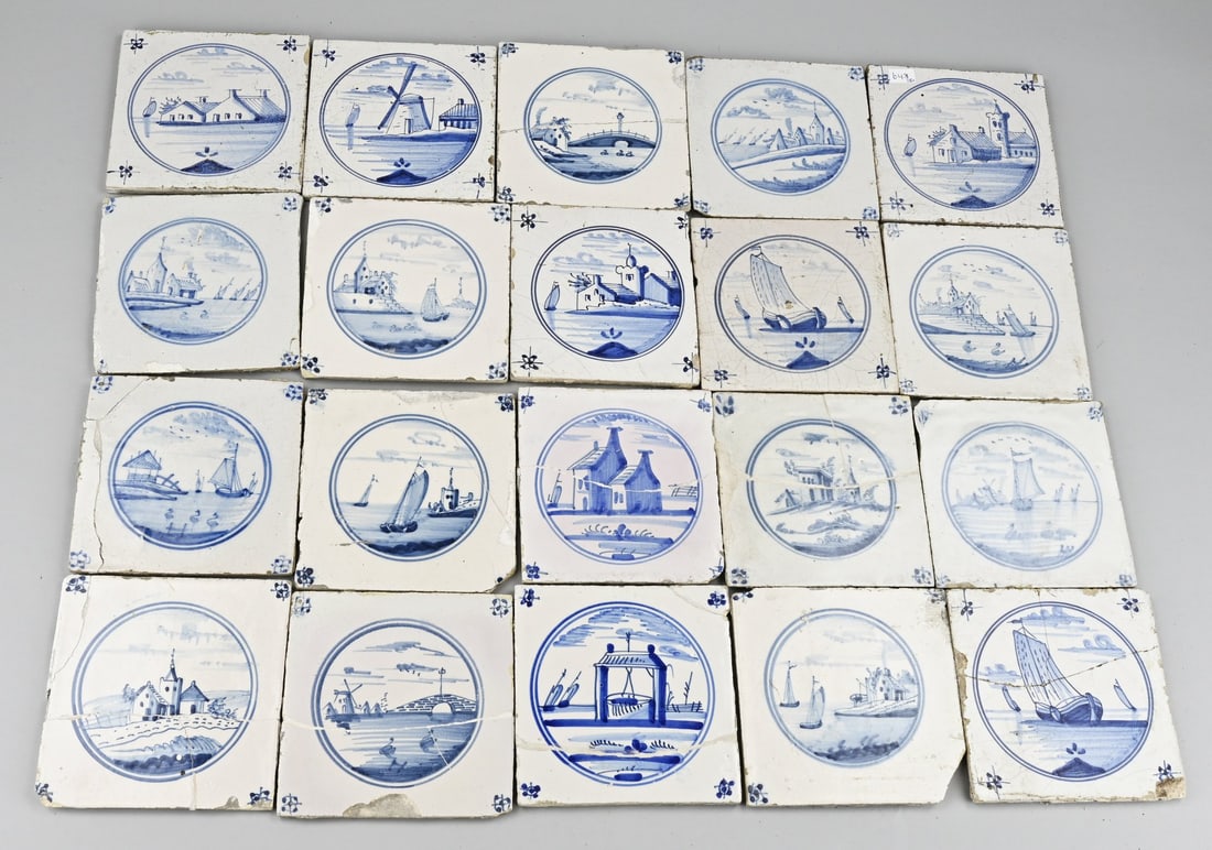 Lot of tiles (landscape) 20 pcs.: Lot with twenty Dutch tiles. Landscape decoration. Dimensions: 13 x 13 cm. Some damage. In reasonable/good condition.