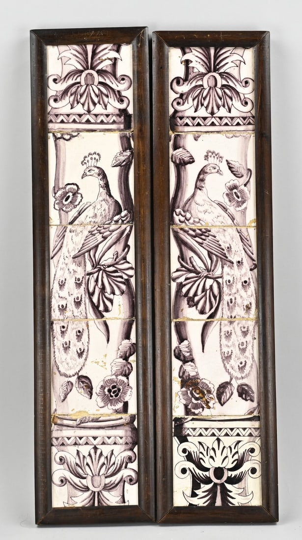 2x 5-Pas tile tableau, 63 x 13 cm.: Two 18th century 5-pass tile tableaus with peacock decoration. Dimensions: H 63 x W 13 cm. In reasonable/good condition.