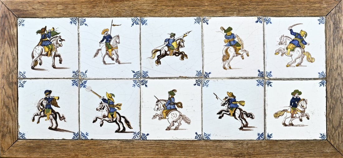 Tile tableau, 35 x 75 cm.: Dutch polychrome tile tableau with ten faience horseman tiles. Circa 1900. Size: 35 x 75 cm. In good condition.