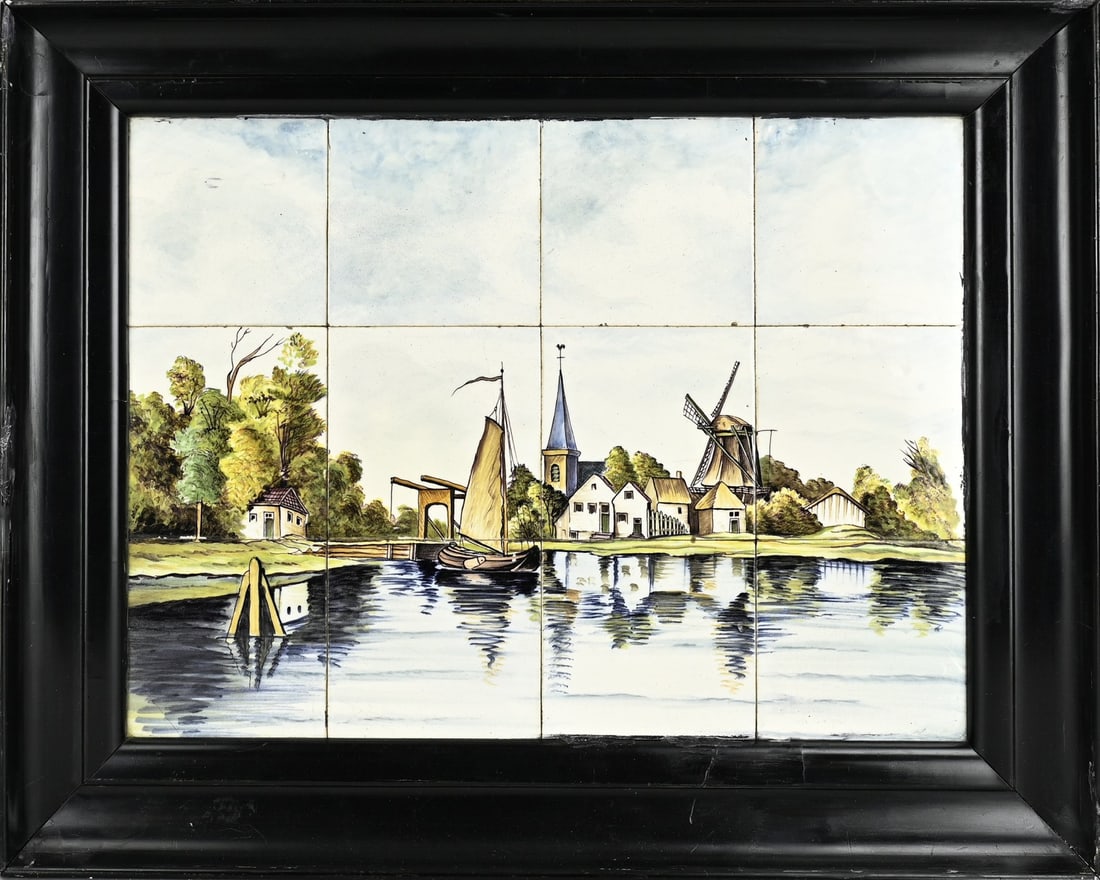 Tile tableau with 12 tiles: Antique Dutch 12-pass tile tableau with river view, flat-bottomed boat and drawbridge. Circa 1900. Dimensions: H 40 x W 51 cm. In good condition.