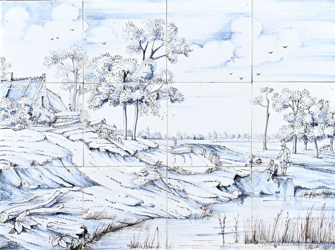 12-Pass tile tableau: 12-Pas tile tableau with Dutch landscape, houses and fishing figures. Circa 1900. Size: 52 x 38 cm. In good condition.