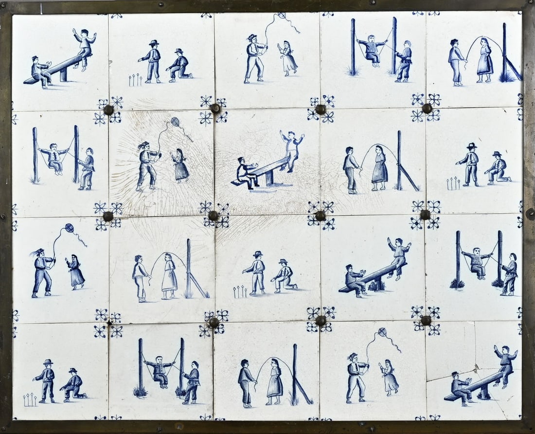 20-Pass Tile Tableau: 20-Pas tile tableau, originating from a ship. Circa 1900. Depicting tiles with children's games. Dimensions: 77 x 61 cm. One tile broken, rest good.