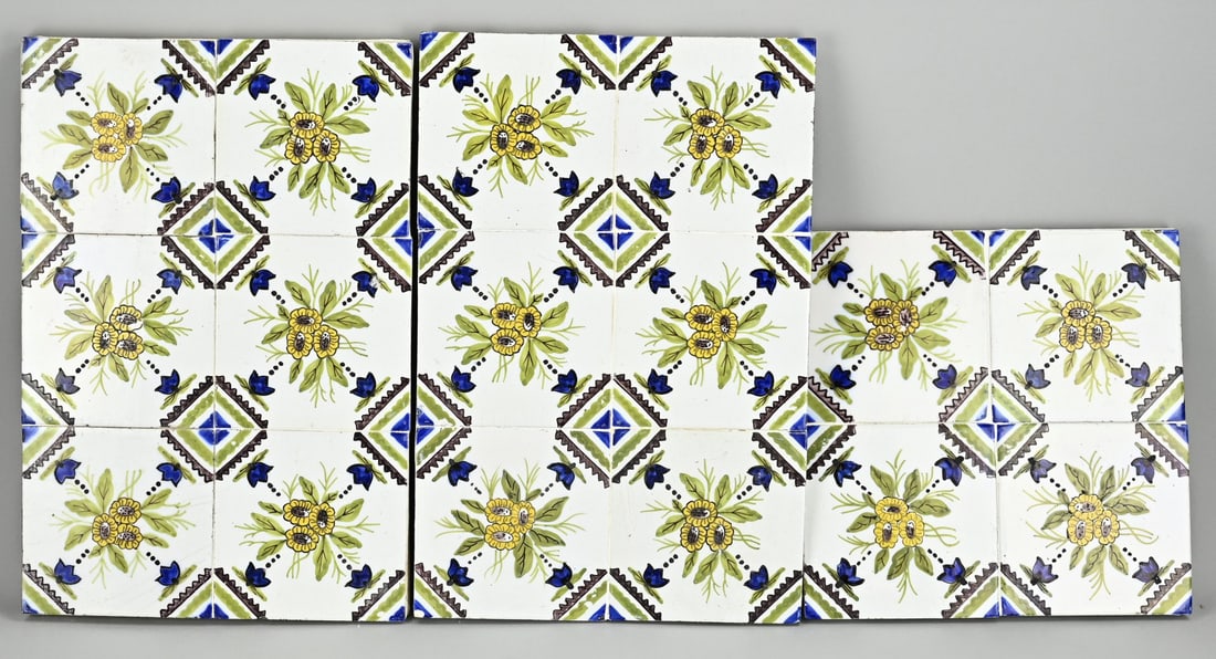 Tile tableau (3x): Three antique polychrome tile tableaus, 1x 4-pass + 2x 6-pass. Size: 26 - 40 cm. In good condition.