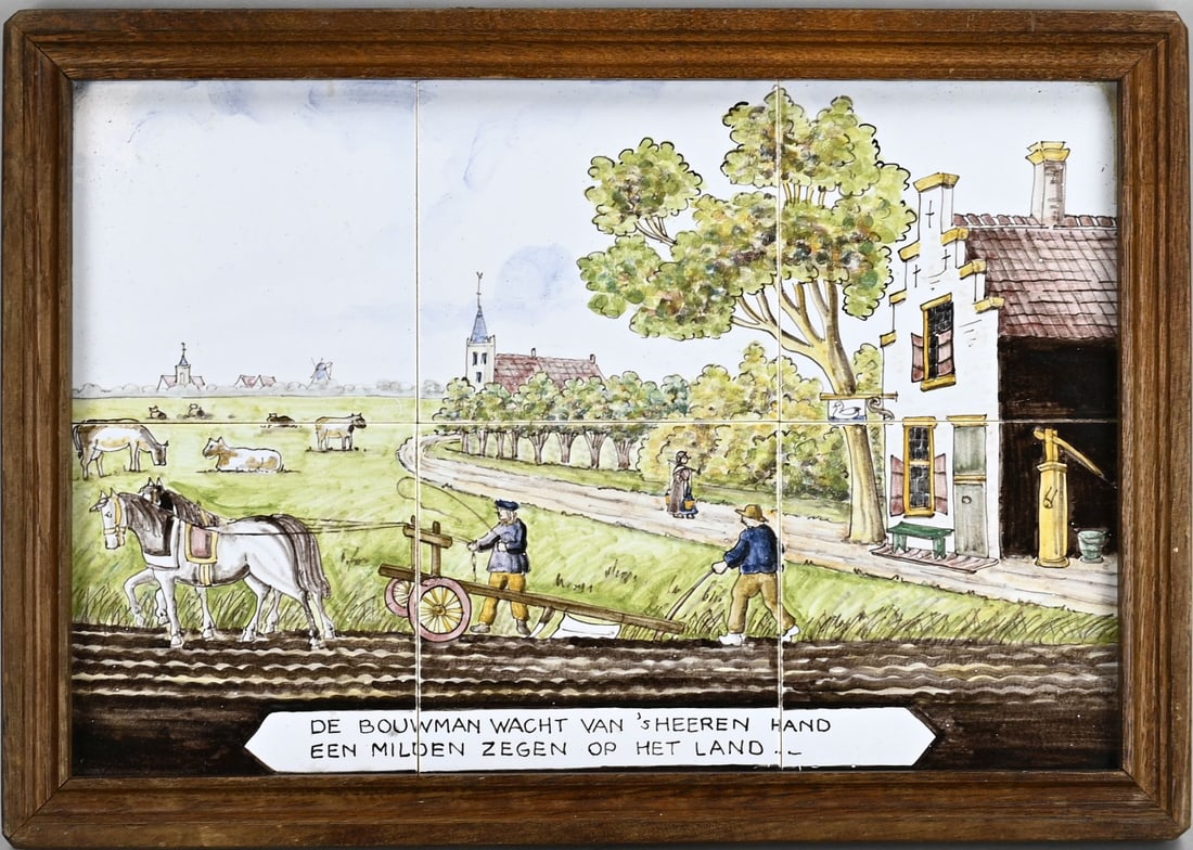Delft 6-pass tile tableau: A Delft faience 6-pass tile tableau with an image of farm workers + motto; 'the farmer waits from the Lord's hand, a gentle blessing on the land'. Dimensions: H 26 x W 39 cm. In good condition.