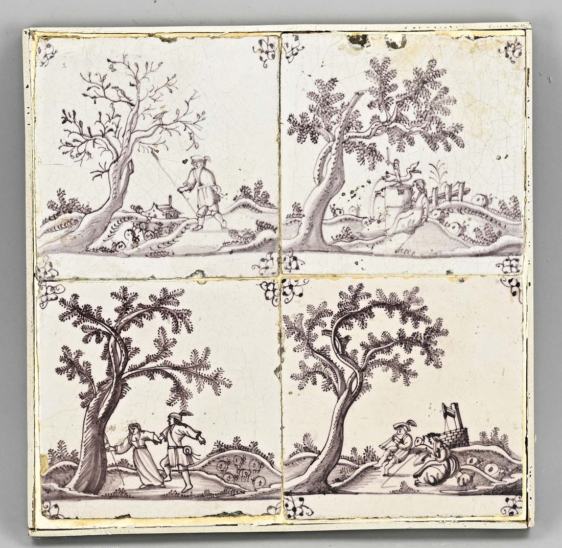 Tile tableau (4-pass): 18th century manganese colored tile tableau. 4-Pas. Figures in landscape decor. Dimensions: 27 x 27 cm. In good condition.
