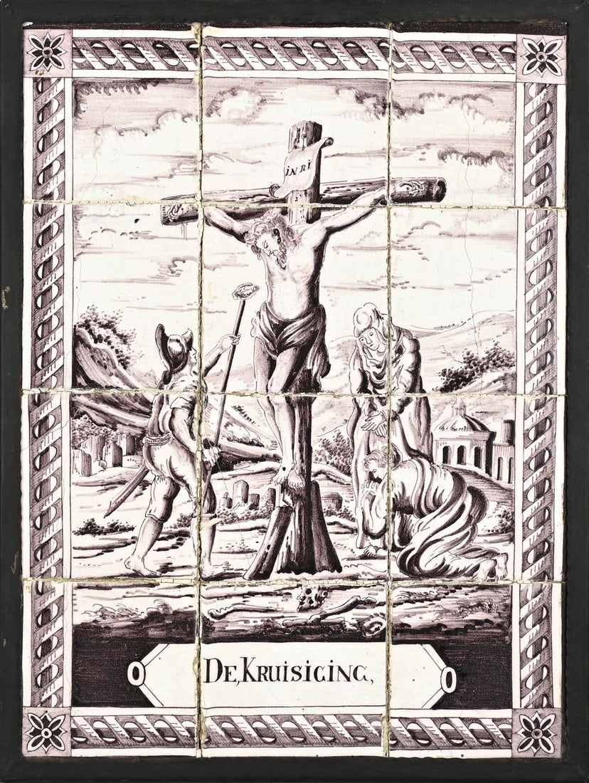 Tile tableau, Crucifixion, 52 x 39 cm.: 18th Century 12-pass Dutch manganese-coloured tile tableau. The Crucifixion. Hairline cracks. Dimensions; H 52 x W 39 cm. In reasonable condition.