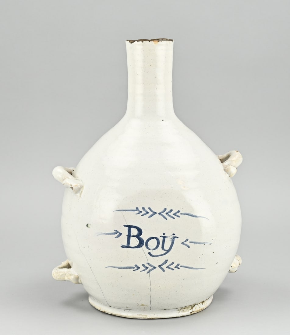 French apothecary bottle, H 33 cm.: Large 18th century French faience apothecary bottle with inscription Boij, with loops for attachment. Size: 33 cm. In good condition.