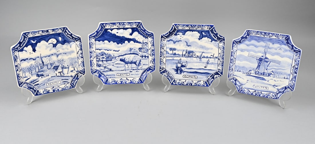 4x Delft plaque, 1930: Four antique Delft faience wall plaques with the four seasons. Circa 1930. Dimensions: 17.5 x 17.5 cm. In good condition.