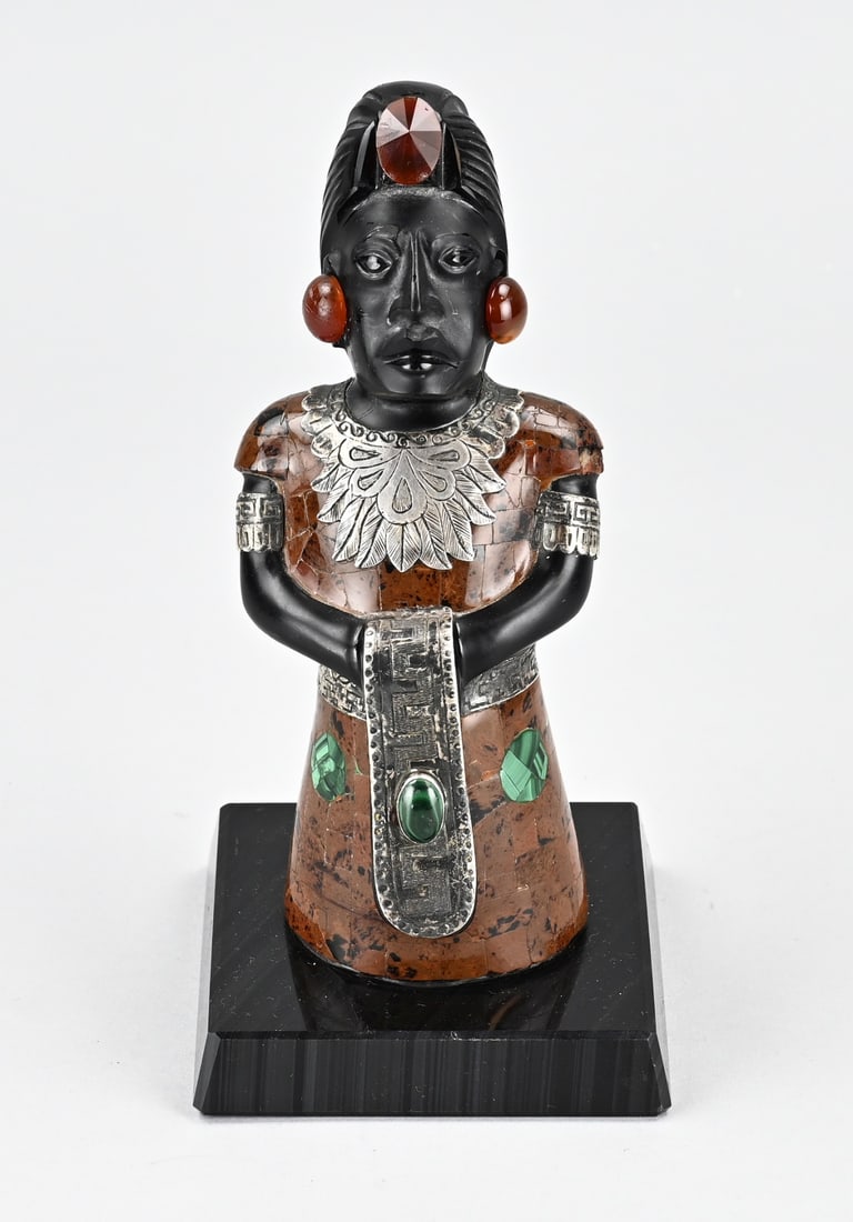 South American statuette: Statuette in the form of a South American figure, decorated with mosaic malachite and silver elements. 10x23cm. Some pieces are missing.