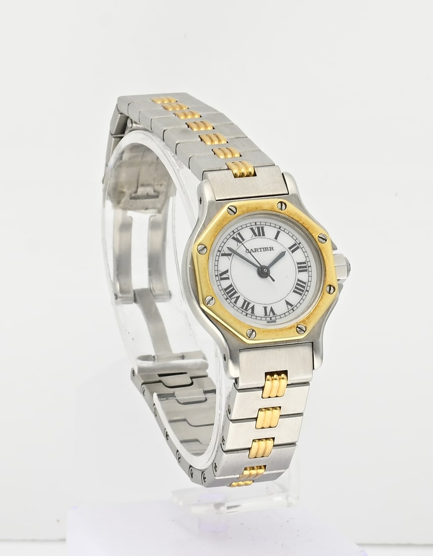Cartier watch: Ladies watch, Cartier Santos, automatic, steel with gold elements. Equipped with a restored dial and a revised movement. Case width 25 mm. With a butterfly clasp. Length 17 cm. Working. In good