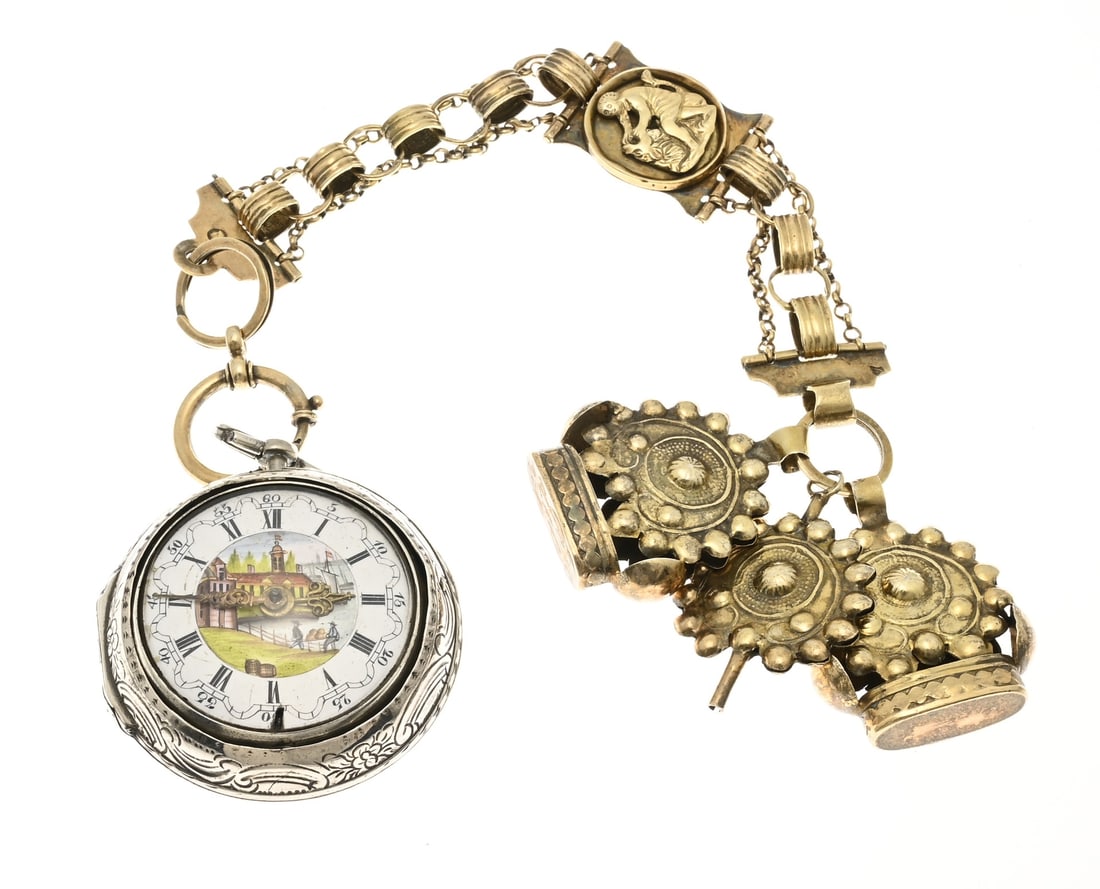 Knoll watch with gilded chatelaine: Silver pocket watch, 925/000, so-called knol, with a white enamel dial with a representation of figures, boats and buildings. Marked: C. Reijnolds, London, jl.: C: 1778. With a silver protective case