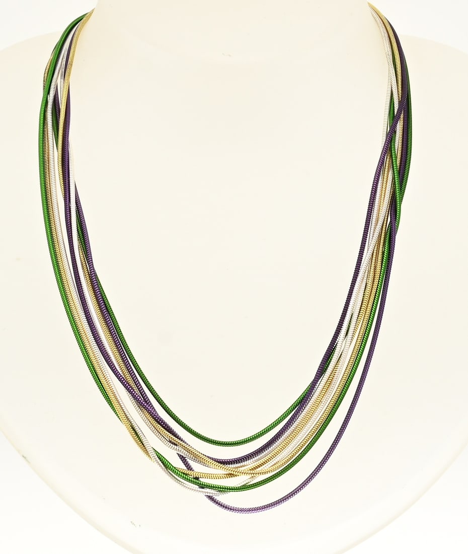 Silver snake necklace with multiple colors.: Silver necklace, 925/000, consisting of 8 rows with a snake link, in purple, green, gold plated and silver. length 45 cm. New. Milor, Italy. approx. 24.6 grams. As new.