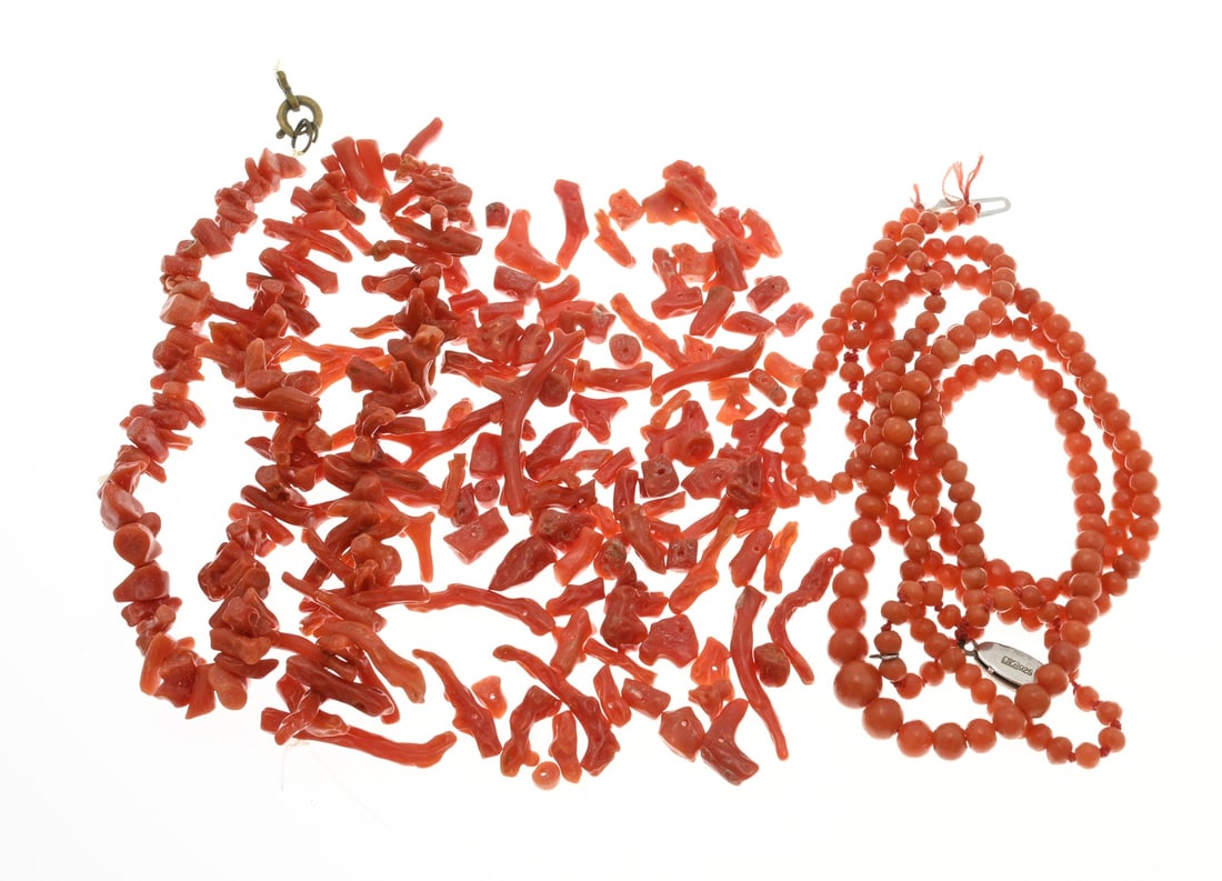 Lot of blood corals: Lot with blood corals, with a double string with round blood corals, varying in size. 3-6.5 mm. length 38 cm. And a necklace with branch corals, 6-25 mm. snapped. Total approx. 57 grams. In good