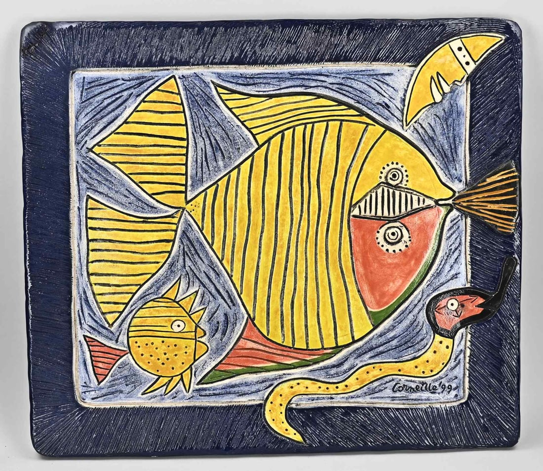 Wall plaque by G. Corneille: Large ceramic polychrome wall plaque. Cobra style. 1999. By Guilliaume Corneille, 1922 - 2010. With fish representation. One corner glued. Dimensions: 62.5 x 71 x 3 cm. In reasonable/good condition.