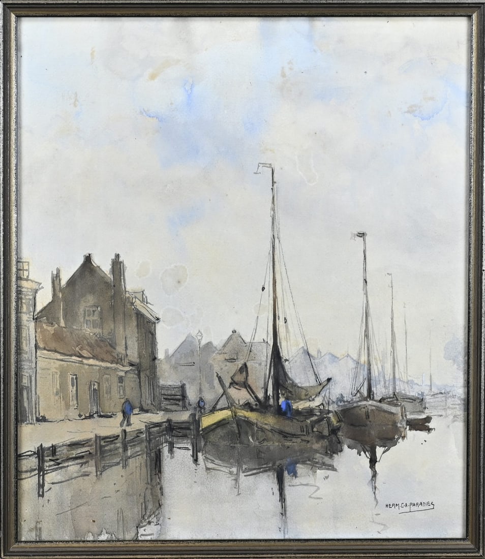Herman CA Pardies, Harbor with flat-bottomed boats: Herman CA Paradies. Dutch harbor with flat-bottomed boats. Watercolor on paper. Dimensions: H 42 x W 37 cm. In good condition.