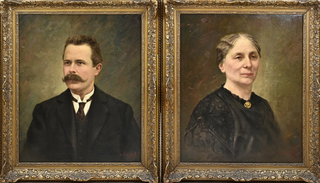 Unclear sign., Portrait man + woman: Two 19th century portraits of a man and a woman. Unclearly signed. Oil on linen. Dimensions: H 65 x W 53 cm. In good condition.