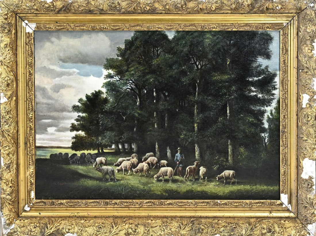 Charles Emile Jacque, Forest view with sheep and shepherd: Charles Emile Jacque. 1813 - 1894. French School. Forest view with sheep and shepherd. Frame damaged. Oil on linen. Dimensions: H 73 x W 52 cm. In good condition.