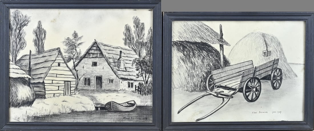 2x Klaas Bernink, Farm cart + Farm: 2x Klaas Bernink. 1913 - 1996 Glanerbrug. Farm cart + Farm. Charcoal on paper. Dimensions: H 31 x W 24 cm. / H 26 x W 33 cm. In good condition.