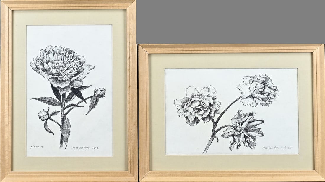 2x Klaas Bernink, 2xPeony: 2x Klaas Bernink. 1913 - 1996 Glanerbrug. Peonies + Peony, 1948. Pencil on paper. Dimensions: H 29 x W 19 cm./ H 19 x W 29 cm. In good condition.