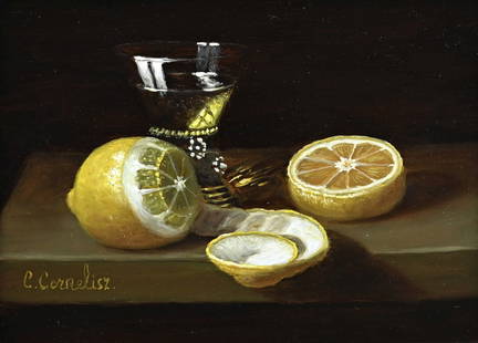 C. Cornelisz, Lemon with glass: C. Cornelisz. 21st Century. Still life. Lemon and Roemer glass. Oil on panel. Dimensions: H 13 x W 18 cm. In good condition.