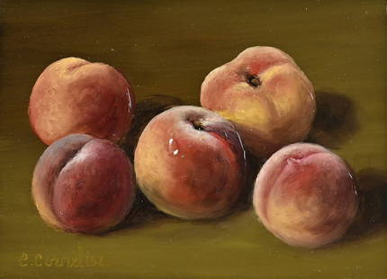 C. Cornelisz, Peaches: C. Cornelisz. 21st Century. Still life with peaches. Oil on panel. Dimensions: H 13 x W 18 cm. In good condition.