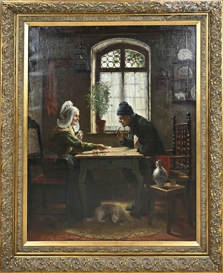 JA Heijermans, Card-playing farmer couple: JA Heijermans. 1833 - 1892. Dutch interior with a peasant couple playing cards. Oil on canvas. Dimensions: H 100 x W 80 cm. In good condition.