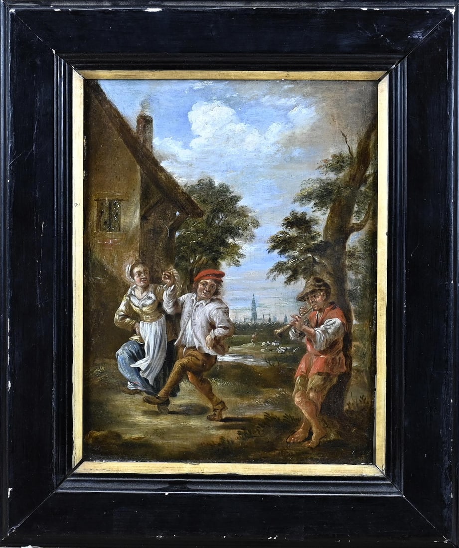 Unsigned, Landscape with musician and dancing couple: Unsigned. 17th -18th Century. Dutch School. Landscape with musician and dancing couple. Oil on panel. Dimensions: H 23 x W 17 cm. In good condition.