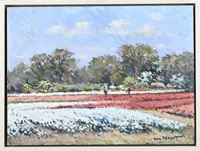 A. van Noort, Flower bulb field Heemstede: A. van Noort. 21st Century. Dutch School. Flower bulb field Heemstede. Oil on panel. Dimensions: H 30 x W 40 cm. In good condition.