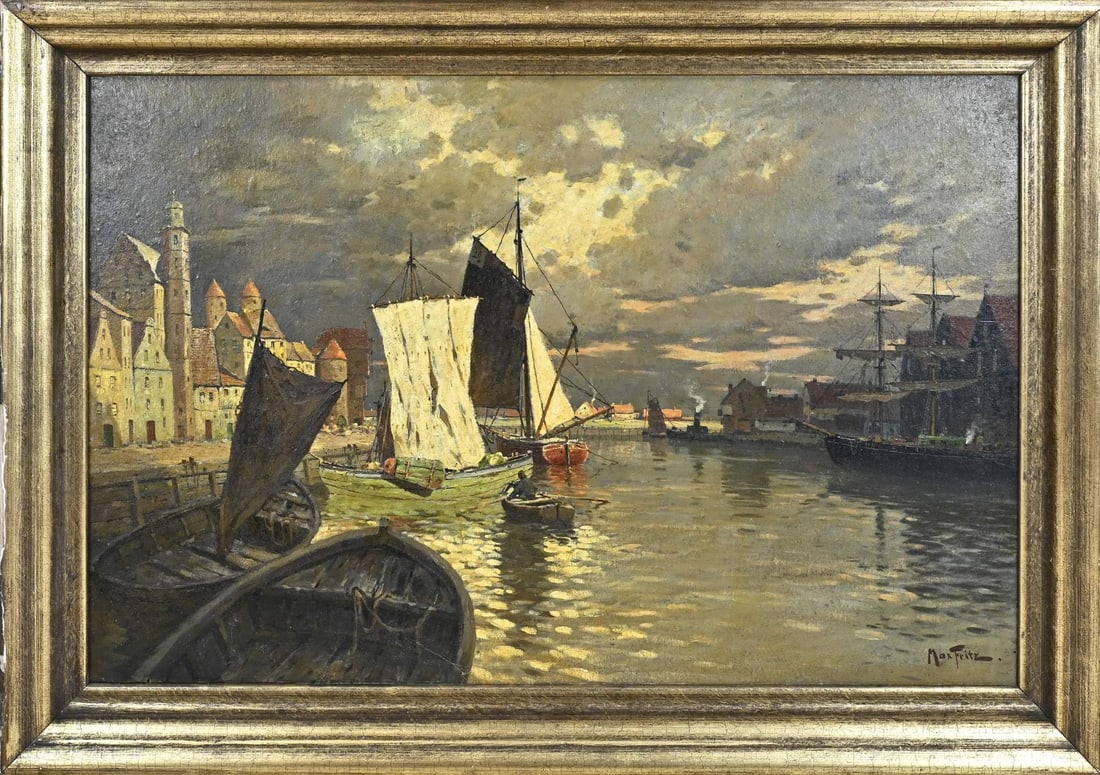 Max Fritz, North German port with ships: Max Fritz. German School. 1849 - 1913. North German harbour with ships and figure in rowing boat. Oil on canvas. Dimensions: H 65 x W 95 cm. In good condition.